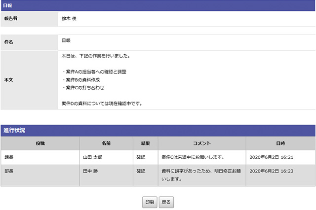 『報告書』は日々の業務やプロジェクトの進捗などを、申請経路を設定して報告することができます