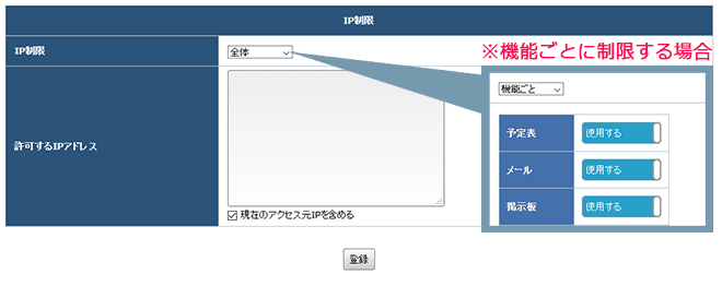 IP制限の変更画面